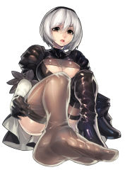 Rule 34 | 1girl, absurdres, black dress, boots, breasts, brown eyes, brown thighhighs, cleavage, dress, feet, fengmo, foot focus, high heel boots, high heels, highres, medium breasts, mole, mole under mouth, nier (series), nier:automata, no blindfold, no shoes, open mouth, shoes, unworn shoes, short hair, simple background, single shoe, smile, soles, solo, thigh boots, thighhighs, thighs, toes, white background, white hair, 2b (nier:automata)