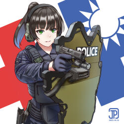 Rule 34 | 1girl, artist name, ballistic shield, blue gloves, blue pants, brown hair, dated, flashlight, gloves, green eyes, gun, handgun, highres, jpc, military police, original, pants, police, police uniform, republic of china flag, shield, smile, solo, uniform, uwu, walther, walther p99, weapon