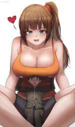 Rule 34 | 1boy, 1girl, absurdres, blue eyes, breasts, brown hair, cleavage, giant, giantess, heart, highres, kuroihassan, open mouth, orange shirt, ponytail, shirt, size difference, smile, tank top