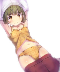 Rule 34 | 10s, 1girl, armpits, bob cut, bow, bow panties, bra, brown eyes, camisole, clothes pull, embarrassed, green hair, kantai collection, looking at viewer, minarai shachou, panties, plaid, plaid panties, pleated skirt, school uniform, short hair, sidelocks, simple background, skirt, skirt pull, unworn skirt, solo, takanami (kancolle), tears, underwear, undressing, wavy mouth, yellow bra, yellow panties