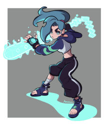 Rule 34 | &gt;:(, 1girl, amazu (kurozu), bandaged leg, bandages, black gloves, black pants, blue footwear, blue hair, closed mouth, colored shadow, commentary, commission, crop top, english commentary, fingerless gloves, floating hair, full body, gloves, green eyes, grey background, highres, holding, hood, hood down, hoodie, long hair, long sleeves, midriff, original, pants, ponytail, puffy long sleeves, puffy pants, puffy sleeves, sandals, shadow, signature, solo, standing, thick eyebrows, v-shaped eyebrows, white hoodie