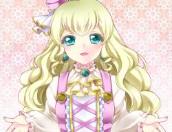 Rule 34 | 1girl, bad id, bad pixiv id, blonde hair, blush, coco (otoca d&#039;or), coco (otoca doll), ascot, earrings, frills, green eyes, hat, jewelry, long hair, mitsuyaama, otoca d&#039;or, pink background, smile, solo, upper body