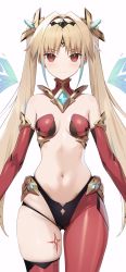 Rule 34 | armor, bare shoulders, blue wings, blush, breasts, cleavage, detached sleeves, detached wings, endou lily, energy wings, glowing crystal, gold armor, gradient wings, hair ornament, highres, impossible clothes, leg tattoo, long sleeves, medium breasts, multicolored wings, navel, pantyhose, red eyes, red pantyhose, red thighhighs, sedai one, siino, simple background, single leg pantyhose, single thighhigh, tattoo, thighhighs, twintails, virtual youtuber, wings