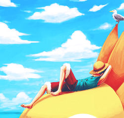 Rule 34 | 1boy, barefoot, bird, blue sky, blue vest, cloud, hat, hat over eyes, lowres, lying, male focus, monkey d. luffy, ocean, on back, one piece, outdoors, red shorts, seagull, ship, shorts, sky, sleeping, solo, straw hat, thousand sunny, vest, water, watercraft