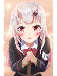 Rule 34 | 1girl, absurdres, alternate costume, armband, black jacket, blazer, blush, bow, bowtie, brown eyes, brown sweater, collared shirt, embarrassed, eye focus, from above, furrowed brow, hands on own chest, highres, hilamaru, hololive, horns, jacket, looking at viewer, nakiri ayame, oni, open mouth, red bow, red bowtie, school uniform, shirt, skin-covered horns, solo, sweater, sweater under jacket, upper body, virtual youtuber