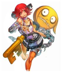 Rule 34 | 1girl, a.b.a, bandages, chain, guilty gear, key, key in head, object through head, paracelsus (guilty gear), red hair, short hair, simple background, white background