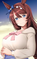 Rule 34 | 1girl, animal ears, blue bow, blue eyes, bow, braid, breasts, brown hair, commentary request, crown braid, ear bow, hair between eyes, head tilt, highres, horse ears, horse girl, jewelry, large breasts, long hair, long sleeves, looking at viewer, multicolored hair, necklace, nori tamago, shirt, smile, solo, super creek (umamusume), two-tone hair, umamusume, upper body, white hair, white shirt