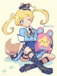 Rule 34 | &gt; &lt;, 1girl, animal ears, belt, black belt, black footwear, black gloves, black necktie, blonde hair, blue eyes, blue jacket, blue shirt, blue skirt, blush, blush stickers, boots, chain, collared shirt, commentary request, cropped jacket, dog ears, dog tail, fake animal ears, fake tail, fingerless gloves, fishnet socks, fishnets, full body, gloves, grin, hat, highres, jacket, kiracchu (pri chan), kiratto pri chan, knee boots, long hair, looking at viewer, moegi emo, nana (retroplica), necktie, one eye closed, open mouth, pleated skirt, police, police hat, police uniform, policewoman, pretty series, shirt, short sleeves, sitting, skirt, smile, socks, solo, star (symbol), stuffed animal, stuffed toy, tail, thigh strap, twintails, twitter username, uniform, white shirt