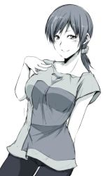 Rule 34 | 10s, 1girl, arm behind back, blush, breasts, greyscale, hagane soushi, hand on own chest, idolmaster, idolmaster cinderella girls, large breasts, long hair, looking at viewer, monochrome, nitta minami, ponytail, scrunchie, short sleeves, simple background, sketch, smile, solo, white background