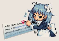 Rule 34 | 1girl, apron, arm behind back, back bow, blue eyes, blue hair, bow, commentary, cowboy shot, cropped legs, english commentary, english text, grey background, jitome, large bow, light blush, long sleeves, looking at viewer, maid, personification, plasticity, puzzle piece, puzzle piece hair ornament, simple background, smile, smug, solo, standing, twintails, waist apron, white bow, wikipe-tan, wikipedia, writing