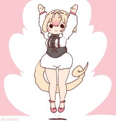 Rule 34 | 1girl, animal ears, anteater ears, anteater tail, arms up, blonde hair, bow, bowtie, coroha, extra ears, full body, gloves, jumping, kemono friends, looking at viewer, pantyhose, pink background, ribbon, shoes, short hair, shorts, silky anteater (kemono friends), simple background, solo, sweater, tail