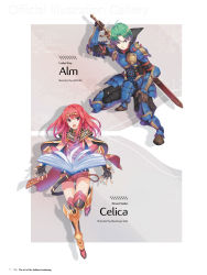 Rule 34 | 1boy, 1girl, absurdres, ahoge, alm (fire emblem), aqua hair, armor, artist name, blue eyes, book, boots, cape, celica (fire emblem), character name, circlet, fingerless gloves, fire emblem, fire emblem awakening, fire emblem echoes: shadows of valentia, fire emblem gaiden, full armor, full body, gloves, greaves, green hair, haccan, highres, jewelry, leg up, long hair, looking at viewer, nintendo, official art, open mouth, page number, purple eyes, red hair, saitou masatsugu, shiny skin, short hair, shorts, simple background, sleeveless, sword, thigh boots, thighhighs, tiara, weapon, weapon on back