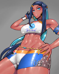 Rule 34 | 1girl, abs, absurdres, armpits, belt, blue eyes, blue gloves, blue hair, braid, breasts, creatures (company), dark-skinned female, dark skin, earrings, game freak, gloves, grey background, gym leader, hand on own hip, highres, jewelry, long hair, looking at viewer, midriff, navel, nessa (pokemon), nintendo, open mouth, pokemon, pokemon swsh, shorts, simple background, single braid, solo, very long hair, wolffeld price