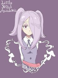 Rule 34 | 10s, 1girl, character name, copyright name, english text, hair over one eye, half-closed eyes, highres, little witch academia, purple background, simple background, smoke, solo, sucy manbavaran, twintails