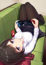 Rule 34 | 1girl, black hair, black skirt, blue eyes, blush, breasts, brown pantyhose, cellphone, collared shirt, commentary request, couch, dress shirt, highres, holding, indoors, knees up, looking at viewer, lying, nintendo switch, nishino eri, no shoes, on back, on couch, original, pantyhose, parted lips, phone, pleated skirt, school uniform, shirt, skirt, small breasts, solo, white shirt