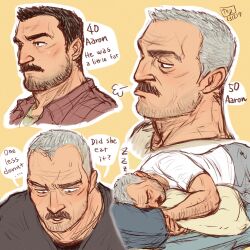 Rule 34 | 1boy, aaron gruber (o natsuo88), age progression, arm hair, bara, beard stubble, black hair, character name, cropped torso, english text, facial hair, facial scar, grey hair, highres, hugging object, lying, male focus, mature male, multiple views, mustache, o natsuo88, old, old man, on side, original, pillow, pillow hug, receding hairline, scar, scar on cheek, scar on face, shirt, short hair, simple background, sleeping, speech bubble, stubble, thick eyebrows, thick mustache, wrinkled skin, yellow background
