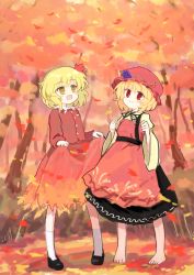 Rule 34 | 2girls, :d, aki minoriko, aki shizuha, apron, autumn leaves, barefoot, black footwear, black skirt, blonde hair, brown shirt, closed mouth, commentary request, dress, hair ornament, hands up, hat, highres, juliet sleeves, kibisake, leaf hair ornament, long sleeves, mob cap, mountain of faith, multiple girls, open mouth, outdoors, puffy sleeves, red apron, red dress, red eyes, red headwear, shirt, shoes, skirt, skirt hold, smile, socks, standing, touhou, tree, white socks, wide sleeves, yellow eyes