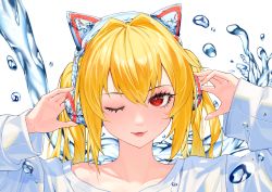 Rule 34 | 1girl, absurdres, animal ear headphones, animal ears, blonde hair, blush, cat ear headphones, collarbone, commentary, commentary request, dl (dl 6ix), fake animal ears, fang, hair between eyes, hair ornament, headphones, highres, lips, long hair, long sleeves, looking at viewer, lower teeth only, one eye closed, open mouth, original, parted lips, portrait, red eyes, simple background, slit pupils, smile, solo, sweater, symbol-only commentary, teeth, twintails, white background, white sweater
