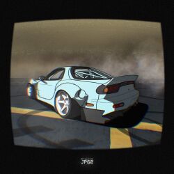 Rule 34 | artist name, black border, border, car, chromatic aberration, commentary, english commentary, from behind, highres, jp60, mazda, mazda rx-7, mazda rx-7 fd, motor vehicle, no humans, original, shadow, smoke, sparkle, sports car, vehicle focus