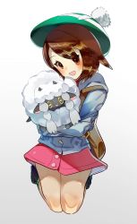 Rule 34 | 1girl, :d, backpack, bag, blush, brown bag, brown eyes, brown hair, buttons, cardigan, commentary request, creatures (company), dress, game freak, gen 8 pokemon, gloria (pokemon), gradient background, green headwear, green legwear, grey cardigan, hat, highres, holding, holding pokemon, jaibus, long sleeves, looking at viewer, nintendo, open mouth, pink dress, pokemon, pokemon (creature), pokemon swsh, smile, socks, tam o&#039; shanter, wooloo