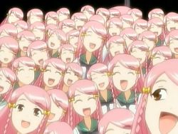 Rule 34 | 00s, 6+girls, braid, clone, kage kara mamoru!, konnyaku yuuna, multiple girls, pink hair, screencap, too many