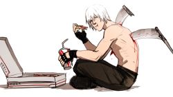 Rule 34 | 1boy, black footwear, black gloves, black legwear, bleeding, blood, bloody weapon, boots, broken, broken weapon, closed mouth, cup, dante (devil may cry), devil may cry, devil may cry (series), devil may cry 3, donlemefo, drinking straw, dripping, eating, fingerless gloves, food, gloves, grey eyes, highres, holding, holding cup, holding food, holding pizza, impaled, injury, male focus, pizza, pizza box, pizza slice, scythe, simple background, sitting, solo, topless male, weapon, white background, white hair