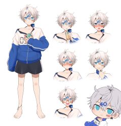 Rule 34 | 1boy, absurdres, androgynous, bandaid, bandaid on cheek, bandaid on face, bandaid on nose, blue eyes, blush, book, bubble tea, character sheet, child, cup, disposable cup, drinking straw, drinking straw in mouth, emoji, full body, heart, heart-shaped pupils, highres, holding, holding book, holding cup, ibuki tatsu, indie virtual youtuber, long sleeves, looking at viewer, lovestruck, male focus, mars symbol hair ornament, multiple views, nose blush, official art, red-framed eyewear, short hair, standing, symbol-shaped pupils, tatsu wan, virtual youtuber, white hair