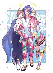 Rule 34 | 3boys, ;p, absurdres, ahoge, alternate costume, amemura ramuda, arisugawa dice, beads, blue cape, blue eyes, braid, cape, choker, closed eyes, colored tips, fling posse, floral print, green eyes, hair ornament, hakuuyori, hand on another&#039;s shoulder, hand on another&#039;s waist, hand on own hip, highres, hypnosis mic, looking at viewer, multicolored clothes, multicolored hair, multiple boys, official alternate costume, official alternate hairstyle, one eye closed, open mouth, pink choker, sandals, shirt, shoes, short hair with long locks, smile, sneakers, tongue, tongue out, v, white footwear, white shirt, yumeno gentaro