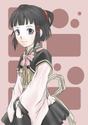 Rule 34 | 1girl, black hair, blunt bangs, bow, gensou suikoden, gensou suikoden v, long sleeves, lowres, lyon (suikoden), pleated skirt, purple eyes, ribbon, skirt, sleeves past wrists, smile, solo