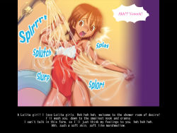 Rule 34 | 1girl, bingo tarte, brown eyes, brown hair, english text, flat chest, shower, slime, swimsuit, tagme, tapioca milk - addiction of the shower room