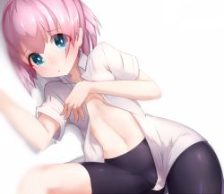 Rule 34 | 10s, 1girl, bike shorts, black shorts, blue eyes, boruhis, cameltoe, covering privates, covering chest, flat chest, kantai collection, long hair, looking at viewer, lying, navel, on side, open clothes, open shirt, pink hair, shiranui (kancolle), shirt, short hair, shorts, simple background, solo, white background, white shirt