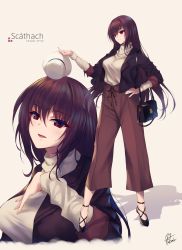 Rule 34 | 1girl, alternate costume, bag, black jacket, breasts, brown pants, casual, character name, fate/grand order, fate (series), fukai ryosuke, full body, hand on own chest, handbag, hat, high heels, highres, holding, holding clothes, holding hat, jacket, large breasts, long hair, multiple views, open clothes, open jacket, pants, purple hair, red eyes, scathach (fate), shadow, signature, simple background, sleeves rolled up, smile, sweater, turtleneck, turtleneck sweater, unworn hat, unworn headwear, white sweater