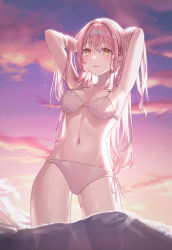 Rule 34 | 1girl, absurdres, armpits, arms behind back, arms up, bikini, blush, closed mouth, cloud, cloudy sky, collarbone, eyelashes, eyeshadow, hair between eyes, highres, light particles, long eyelashes, long hair, looking at viewer, makeup, navel, on (onon2659), original, outdoors, pink eyeshadow, pink hair, pink lips, pink theme, purple sky, sky, solo, swimsuit, very long hair, wading, water, white bikini, yellow eyes
