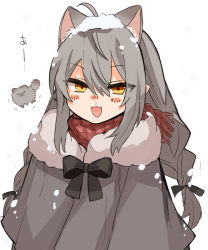 Rule 34 | 1girl, :d, ahoge, animal ear fluff, animal ears, blush stickers, braid, brown eyes, brown scarf, capelet, fang, fringe trim, grey capelet, grey hair, hair between eyes, highres, long hair, looking at viewer, low twintails, open mouth, original, plaid, plaid scarf, scarf, simple background, smile, snow on head, snowing, solo, tori (10ri), twin braids, twintails, very long hair, white background