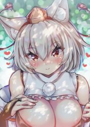 Rule 34 | 1girl, animal ears, bare shoulders, blush, breasts, bridal gauntlets, cleavage, detached sleeves, hat, heart, inubashiri momiji, large breasts, looking at viewer, nail polish, onomiya, outdoors, pom pom (clothes), red eyes, shirt, short hair, silver hair, sleeveless, sleeveless shirt, solo, tokin hat, touhou, turtleneck, white shirt, wolf ears