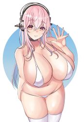 Rule 34 | 1girl, absurdres, arm behind back, bare arms, bare shoulders, bikini, black choker, blue hair, blue nails, blush, breasts, choker, cleavage, collarbone, colored inner hair, commentary, curvy, dot nose, fingernails, groin, hair between eyes, hand up, headphones, highres, huge breasts, lips, long fingernails, long hair, looking at viewer, multicolored hair, nail polish, navel, nitroplus, nose blush, orange eyes, pink hair, pink lips, plump, raised eyebrows, salute, smile, solo, stomach, super sonico, swimsuit, teeth, tf cafe, thighhighs, thighs, two-tone hair, white background, white bikini, white thighhighs, wide hips