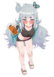 Rule 34 | 1girl, :q, absurdres, alcohol, and uge, android, beer, beer mug, black shorts, blue eyes, blue shirt, blunt bangs, blush, breasts, closed mouth, cup, full body, grey hair, hairpods, heibon banana, highres, joints, leaning forward, long hair, looking at viewer, medium bangs, medium breasts, midriff, mug, nanashi inc., off shoulder, one side up, open clothes, open shirt, pink-tinted eyewear, pink footwear, robot joints, round eyewear, sandals, shirt, shorts, simple background, smile, solo, sunglasses, thick eyebrows, tinted eyewear, tongue, tongue out, virtual youtuber, white background, winding key, yellow-framed eyewear