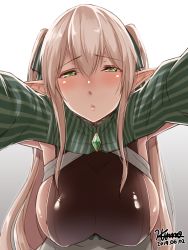 Rule 34 | 1girl, blush, breasts, elf, gem, green eyes, green gemstone, hair between eyes, hair ribbon, half-closed eyes, heart, heart-shaped pupils, hiruno, jewelry, large breasts, long hair, looking at viewer, original, parted lips, pendant, pointy ears, pov, reaching, reaching towards viewer, ribbon, simple background, solo, symbol-shaped pupils, twintails
