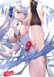 Rule 34 | 1girl, animal ears, azur lane, bare shoulders, black thighhighs, blue eyes, blue nails, blush, breast curtains, breasts, covered navel, crescent, crescent hair ornament, floral print, fox ears, hair ornament, highres, large breasts, long hair, looking at viewer, nail polish, parted lips, ponytail, shinano (azur lane), skindentation, solo, split, standing, standing on one leg, standing split, studiopokotan, thighhighs, thighs, white background, white hair