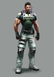 Rule 34 | 1boy, boots, capcom, chris redfield, clenched hands, full body, gloves, gradient background, grey background, knee pads, machete, male focus, muscular, resident evil, resident evil 5, sheath, sheathed, short hair, solo, standing, upright
