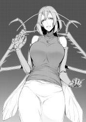 Rule 34 | 1girl, :d, absurdres, antennae, arthropod girl, bare shoulders, breasts, carapace, cowboy shot, greyscale, half-closed eyes, highres, insect wings, jewelry, joints, large breasts, looking at viewer, monochrome, monster girl, nakamura regura, necklace, open mouth, original, shirt, short hair, skirt, sleeveless, sleeveless shirt, sleeveless turtleneck, smile, solo, spikes, turtleneck, wings