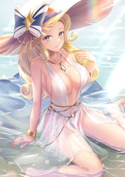 Rule 34 | 1girl, afk arena, arm support, bare arms, bare shoulders, beads, belinda (unlight), blonde hair, blush, bow, bracelet, breasts, center opening, closed mouth, curly hair, day, earrings, green eyes, hand up, hat, hat bow, highres, jewelry, large breasts, long hair, looking at viewer, mole, mole under eye, nail polish, necklace, one-piece swimsuit, outdoors, revision, ringlets, sebu illust, see-through, see-through skirt, shallow water, sideboob, sidelocks, sitting, sitting on water, skirt, smile, sun hat, swimsuit, thighs, wariza, water, white one-piece swimsuit, yellow hat
