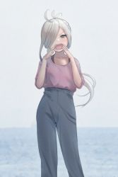 Rule 34 | 1girl, alternate costume, asashimo (kancolle), blue pants, blush, collarbone, day, grey hair, hair over one eye, hand to own mouth, highres, kantai collection, long hair, looking at viewer, ocean, open mouth, outdoors, pants, ponytail, sakieko, sharp teeth, shirt, solo, teeth