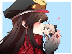 Rule 34 | 0 0, 2girls, ahoge, black bow, black hair, blonde hair, blue background, bow, chibi, closed eyes, family crest, fate (series), from side, gloves, hair bow, hat, highres, himey, koha-ace, long hair, mini person, minigirl, multiple girls, no nose, oda nobunaga (fate), oda nobunaga (koha-ace), oda uri, okita souji (fate), okita souji (koha-ace), open mouth, peaked cap, short hair, wide sleeves, yuri