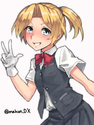 Rule 34 | 1girl, black skirt, black vest, blonde hair, blush, bow, collared shirt, commentary request, dress shirt, gloves, grey background, grey eyes, grin, hand up, highres, kantai collection, looking at viewer, maakun (makun dx), maikaze (kancolle), one-hour drawing challenge, pleated skirt, red bow, shirt, short sleeves, side ponytail, simple background, skirt, smile, solo, twitter username, v-shaped eyebrows, vest, w, white gloves, white shirt