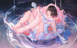 Rule 34 | 1girl, artist name, ass, atdan, bare arms, bare legs, bare shoulders, black hair, breasts, breasts apart, cup, dress, fantasy, fish, flower, high heels, highres, holding, in container, in cup, large breasts, looking at viewer, open mouth, original, pillow, reclining, red eyes, red flower, sandals, short hair, sleeveless, sleeveless dress, solo, spoon, strapless, strapless dress, thighs, tongue, tongue out, white dress