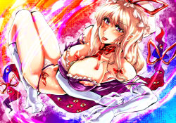 Rule 34 | &gt;:), 1girl, :p, arm support, armpits, bad id, bad pixiv id, bare shoulders, between breasts, blonde hair, blush, bow, bowtie, breasts, choker, cleavage, collarbone, covered erect nipples, elbow gloves, enigmatic, female focus, frills, gap (touhou), gloves, hair bow, hat, hat bow, huge breasts, large breasts, legs up, long hair, looking at viewer, looking back, lying, midriff, naughty face, navel, nipple slip, nipples, no bra, off shoulder, on back, panties, purple eyes, ribbon choker, shiny skin, socks, solo, thong, tongue, tongue out, touhou, underwear, v-shaped eyebrows, white gloves, white socks, yakumo yukari