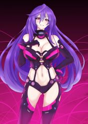 Rule 34 | 1girl, absurdres, black background, black gloves, black thighhighs, blue hair, blush, breasts, earrings, elbow gloves, gloves, hand on own hip, hand on own chest, highres, iris heart, jewelry, large breasts, long hair, looking at viewer, navel, neptune (series), pink eyes, red background, smile, solo, symbol-shaped pupils, thigh strap, thighhighs, two-tone background, very long hair, zatsu