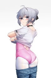 Rule 34 | ahoge, ass, black choker, black ribbon, blush, breasts, bronya zaychik, choker, closed mouth, clothes lift, clothes pull, cowboy shot, denim, from behind, ginklaga, grey eyes, hair bun, hair ribbon, highres, honkai (series), honkai impact 3rd, jeans, leotard, leotard under clothes, lifted by self, looking at viewer, looking back, pants, pants pull, pantyhose, pink leotard, ribbon, shirt lift, short hair, short sleeves, silver hair, simple background, single hair bun, small breasts, solo, undressing, white background, white pantyhose
