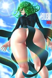 Rule 34 | 1girl, absurdres, artist name, ass, ass focus, back, black dress, blue sky, closed mouth, cloud, cowboy shot, curly hair, dated, day, dress, evil-dei, from behind, from below, green eyes, green hair, highres, huge ass, kneepits, lips, long sleeves, looking back, matching hair/eyes, no panties, one-punch man, partially visible anus, short hair, sky, solo, standing, sun, tatsumaki